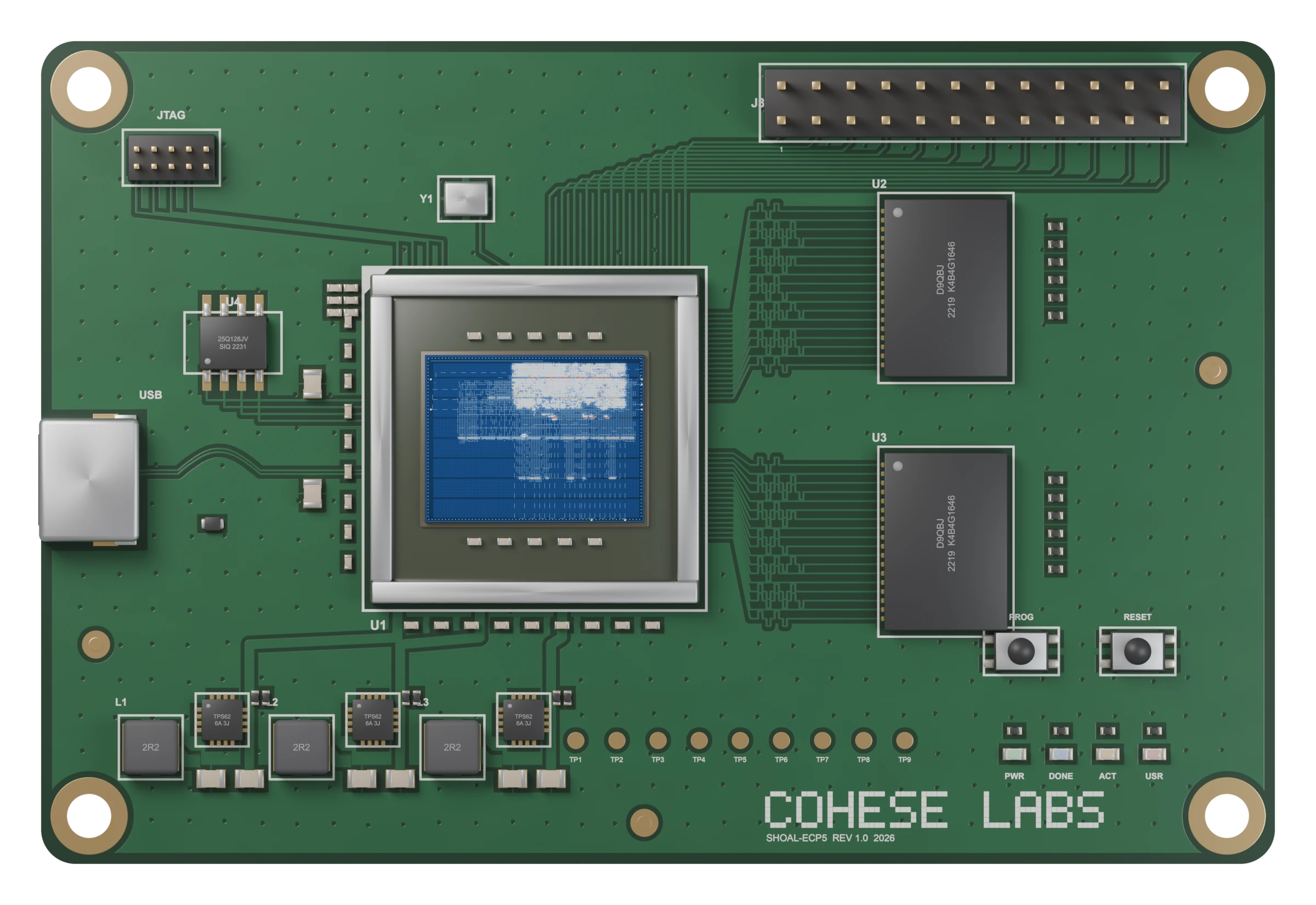 A rendered green FPGA board seen from above: a lidless FPGA at the centre whose exposed die shows the real placement of one Shoal carving engine, two memory chips with length-matched traces, a power section, USB-C, headers, buttons and status LEDs.