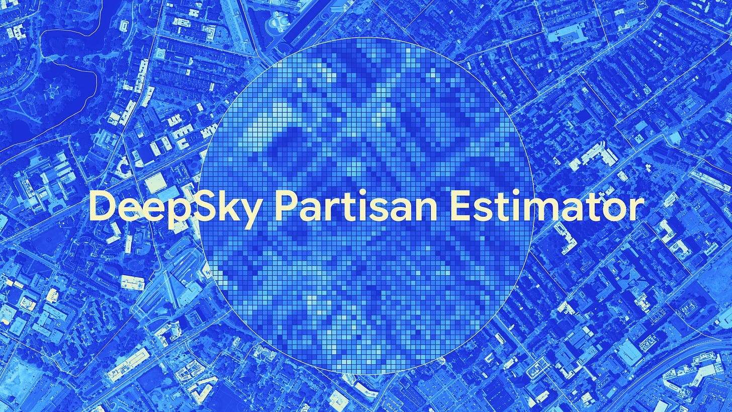 Original Substack header: DeepSky Partisan Estimator over aerial imagery and an embedding grid